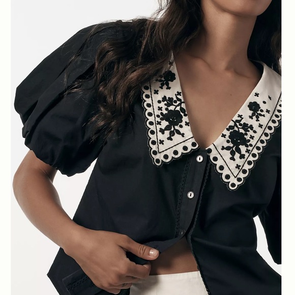 Anthropologie Black Blouse with White Embroidered Collar - Picture 2 of 5